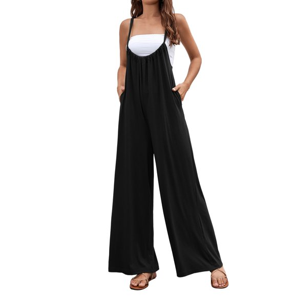 HBFAGFB Womens Jumpsuit Thin Shoulder Straps Tops Casual Wide Leg Overall with Pockets Black Size M