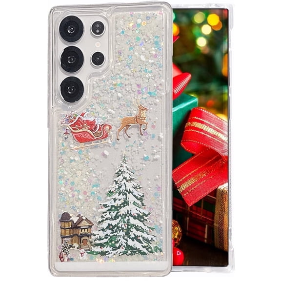 For Samsung S23 Ultra Luminous Case,Cute Christmas Tree Santa Elk Liquid Flowing Floating Moving Bling Sparkle Shockproof Glow In The Dark Cover For Galaxy S23 Ultra
