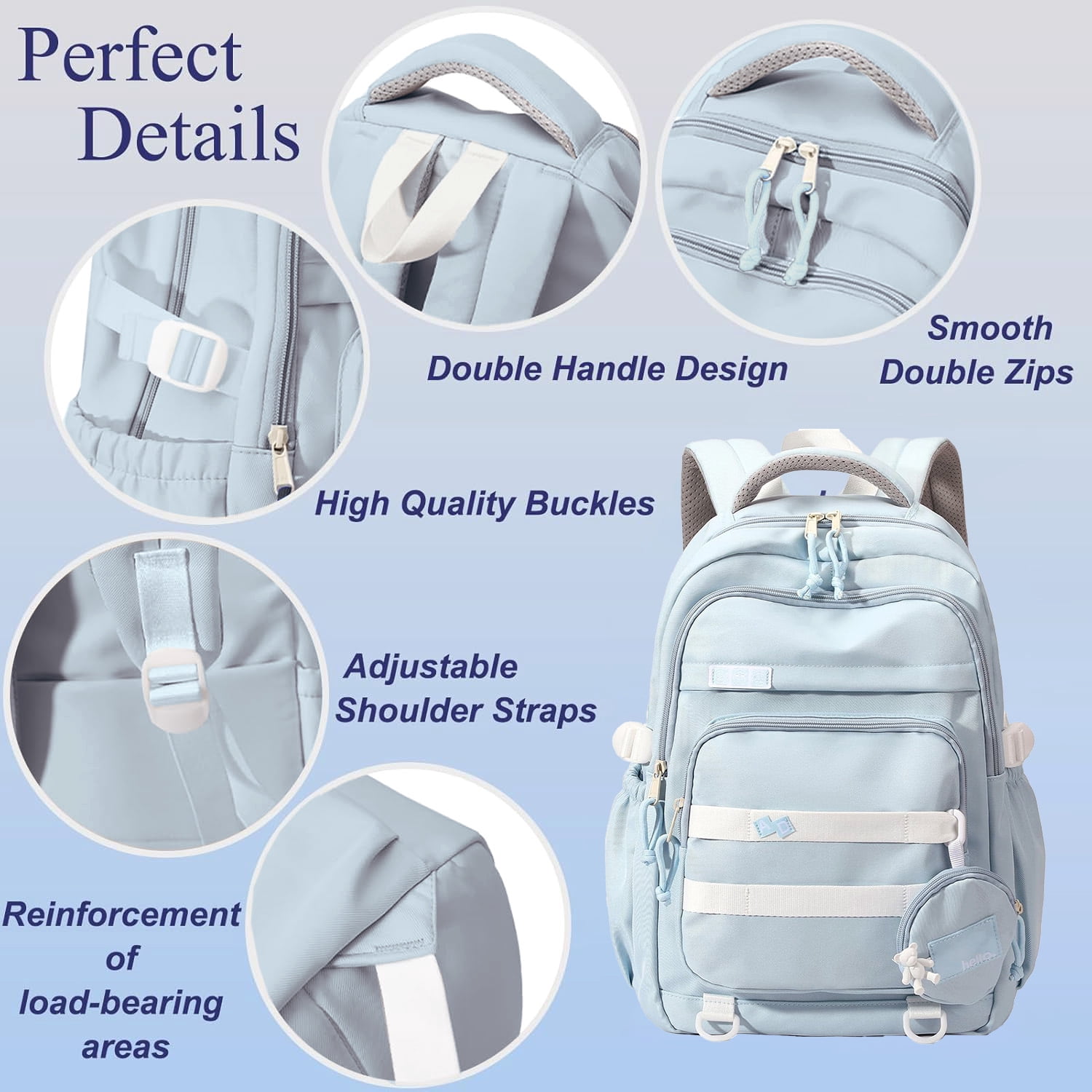 DAKIMOE Large School Backpack for Girls Boys Lightweight Spacious Kids Bookbag with Multiple Pockets for Middle School College, Blue