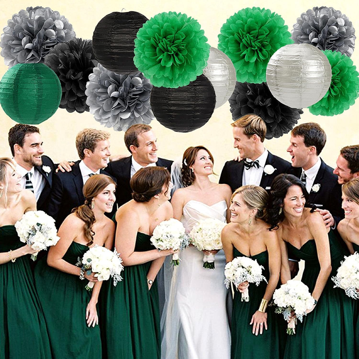 Green-Black Silver Party-Decorations Paper Flowers Lanterns - 15PCS Football Game Day Birthday Tissue Pom Poms Streamers, Bachelorette New Years Hanging Supplies Decor