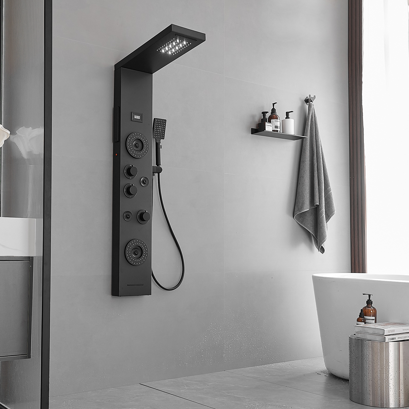 5-Jet Rainfall Shower Panel System with Rainfall Waterfall Shower Head and Shower Wand With LED Light in Stainless Steel