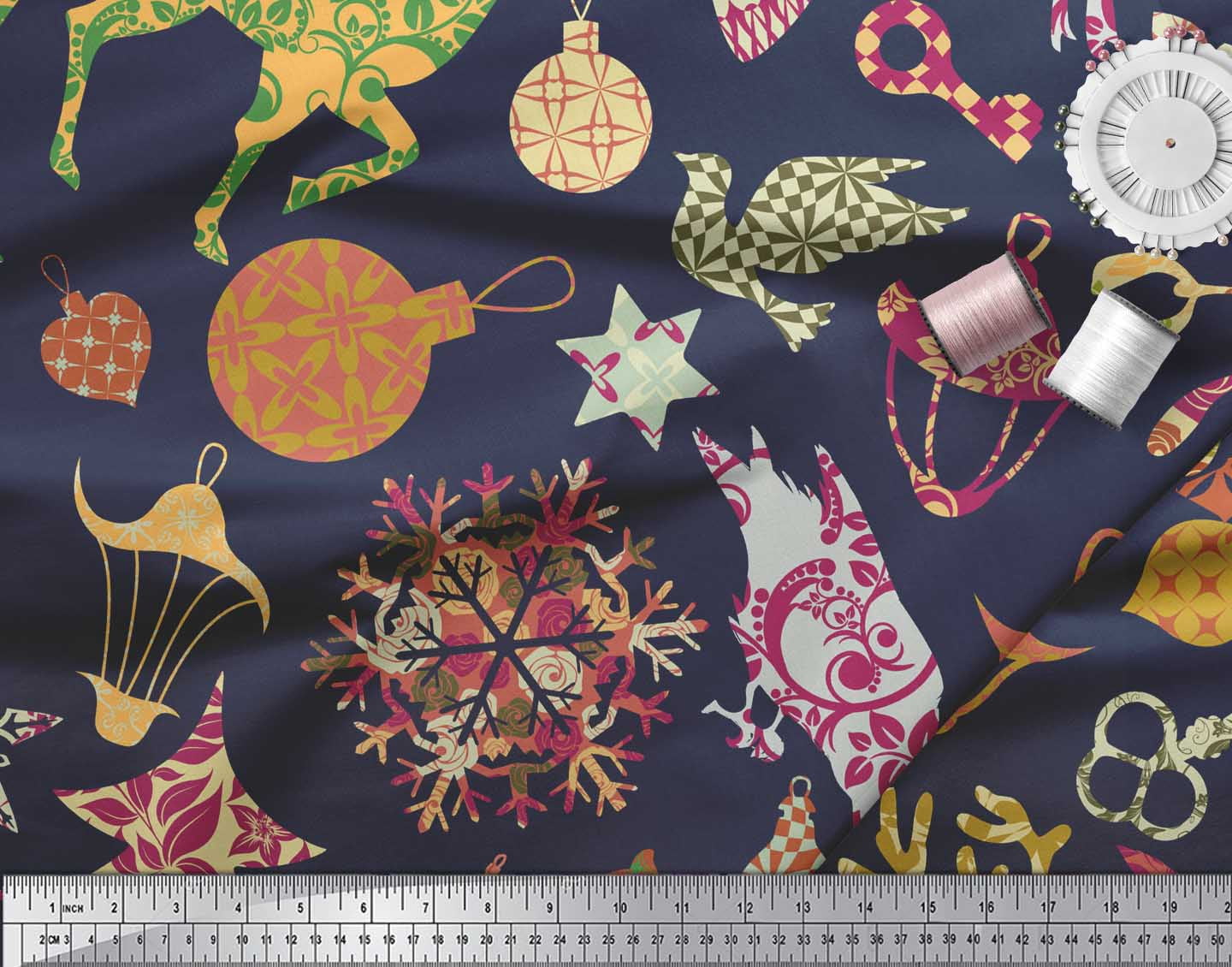 Soimoi Blue Poly Georgette Fabric Reindeer,Oranaments & Tree Christmas Decor Fabric Printed Yard 52 Inch Wide