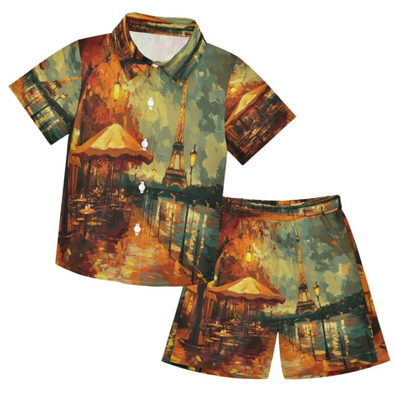 YAZAOO Button-Down Shirts Summer Shorts Sets Fashion Paris Street Evening Scene Pattern Casual Set