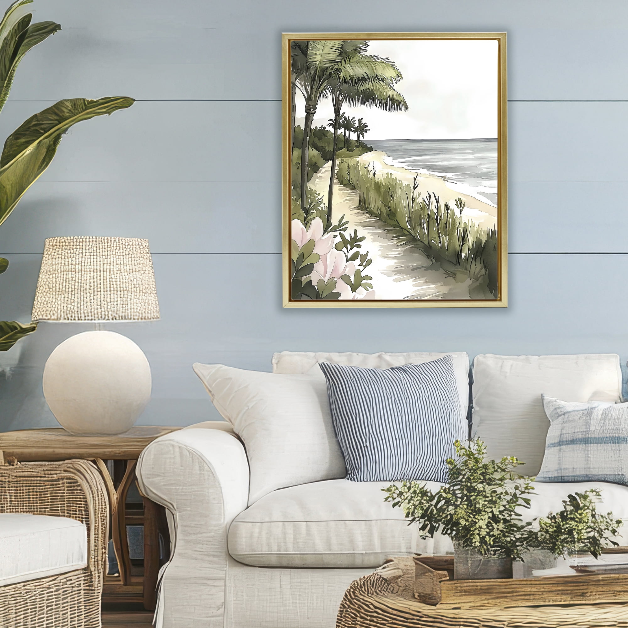 Stupell Industries Coastal Calm Palm Tree Pathway Gold Framed Floater Canvas Wall Art, design by Riley B