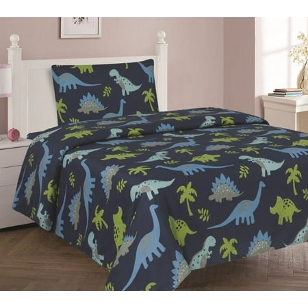 - DINOSAUR BLUE Twin Size 3-Piece Kids Printed Microfiber Bedding Sheet Set 1 Flat Sheet, 1 Fitted Sheet, and 1 Pillowcase