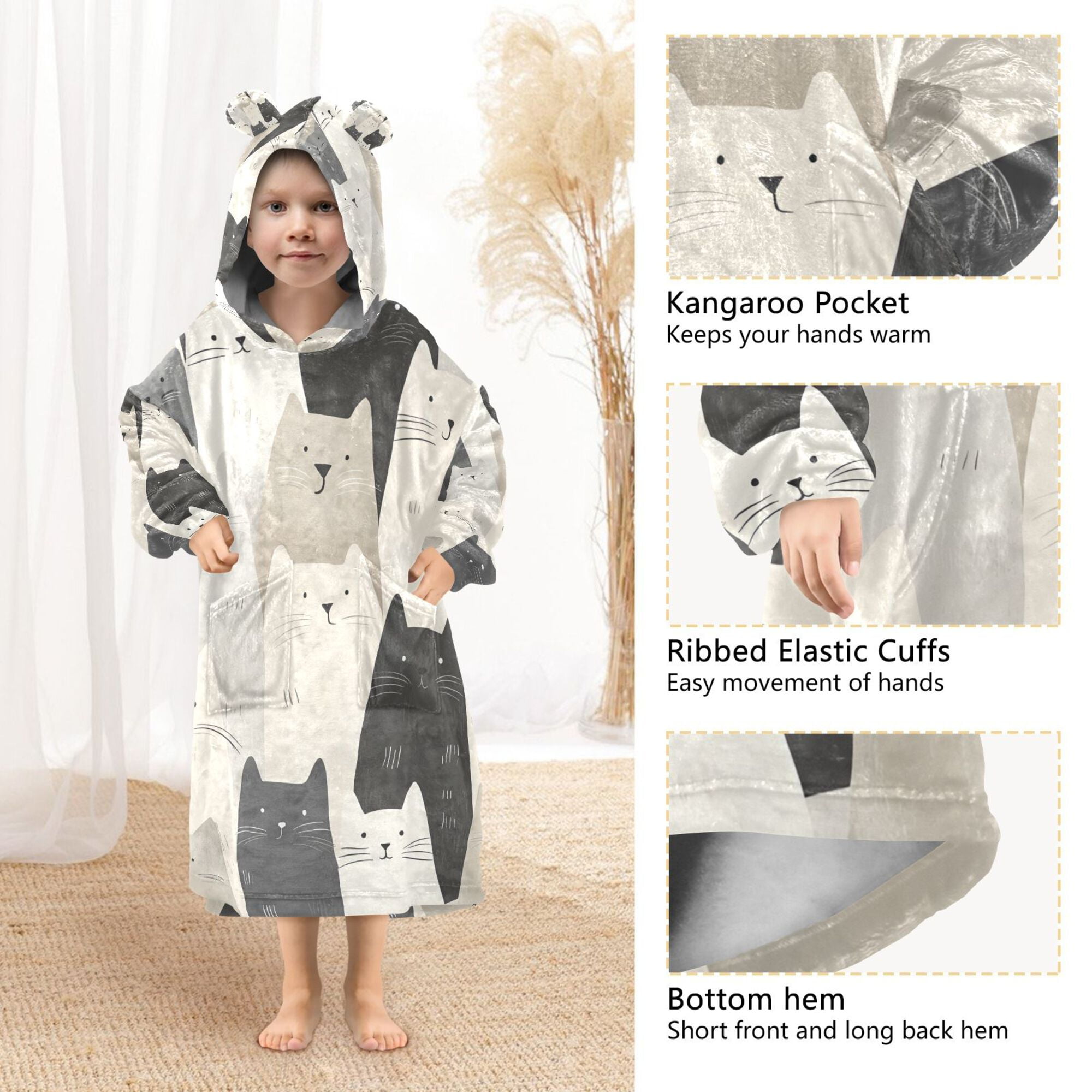 FORMRS Wearable Blanket Hoodie with Sleeves for Kids Cozy Flannel Sweatshirt, White Cute Cats