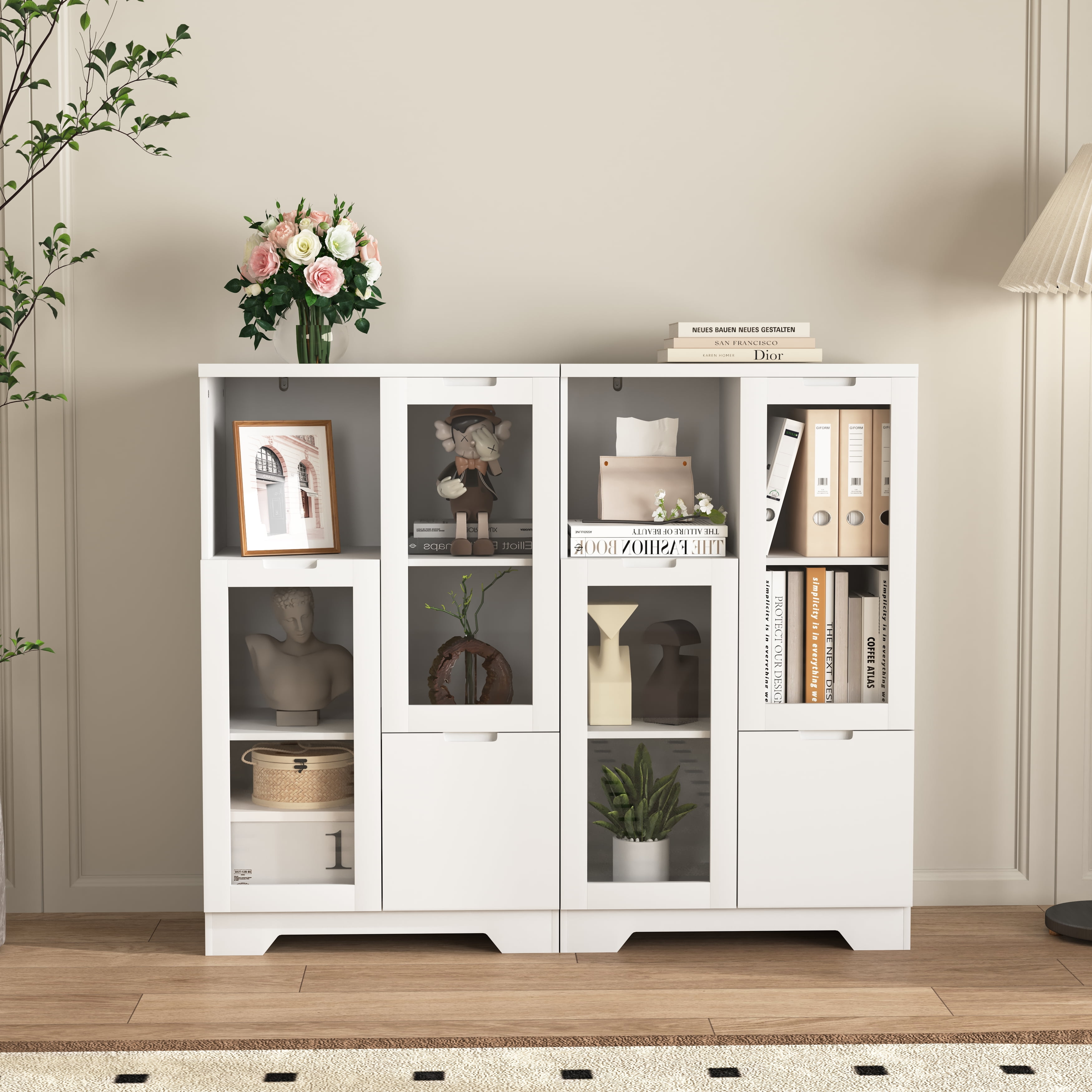 MAYEERTY White MDF Cabinet with Glass Doors & Drawer, Modern Storage Cabinet for Living Room & Bedroom, White