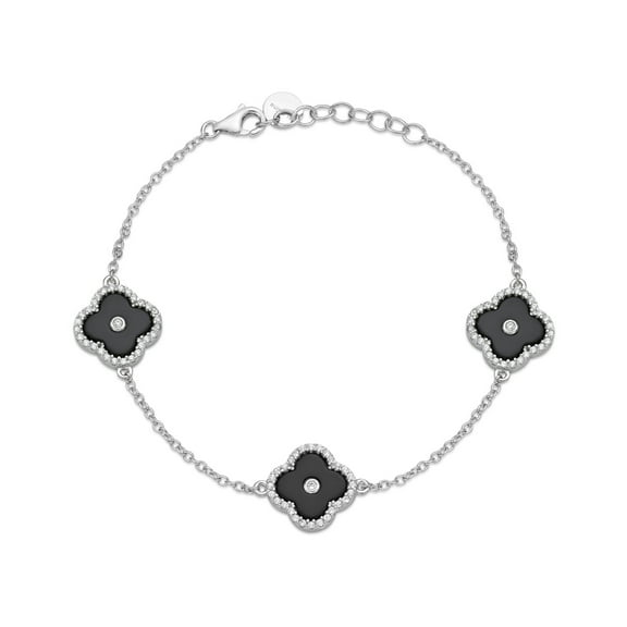 Lavari Jewelers Flora Women's Black Onyx Three-Station Flower Bracelet in 925 Sterling Silver with Cubic Zirconia Halo - 7-8 Inch Adjustable Cable Chain
