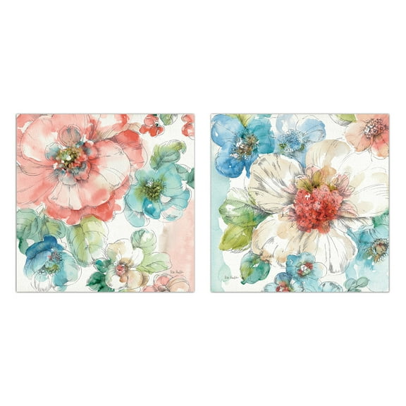 Lovely Colorful Watercolor Summer Bloom Flowers by Lisa Audit; Floral Decor; Two 12x12 Poster Prints. Teal/Pink/Yellow