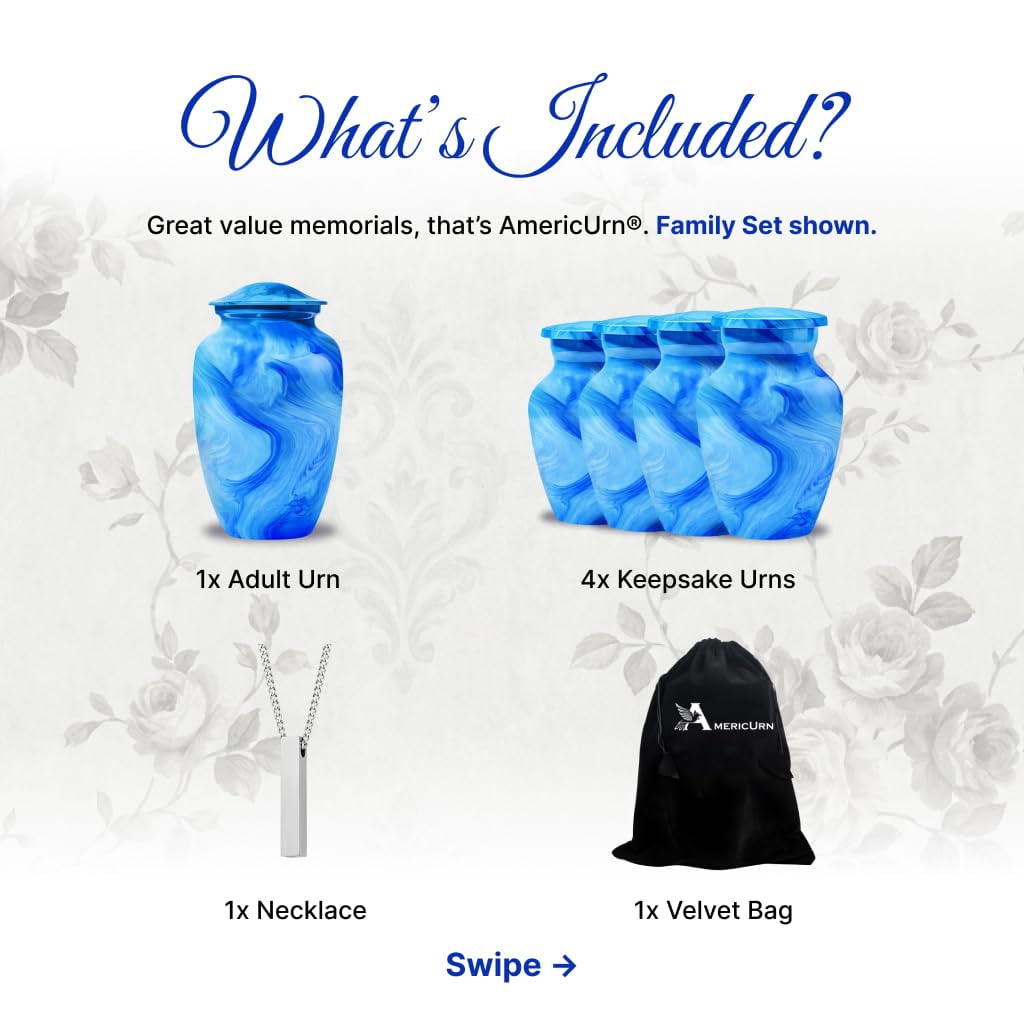 Set of 6 Urns for Human Ashes Includes 1 Large Urn with 4 Small Keepsakes & 1 Silver Necklace - Sky blue Marble
