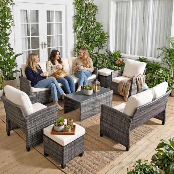 Outdoor Patio Furniture Sets Wicker Conversation Set PE Rattan Sectional Sofa Couch with Ottomans, and Coffee Table for Backyard, Porch and Garden(gray&Beige)