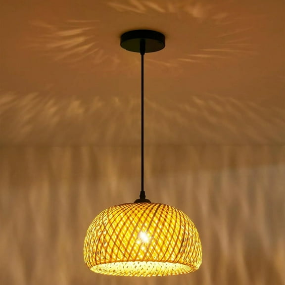Boho Rustic Farmhouse Bamboo Rattan Pendant Light, 12in Hand-Woven Dome Ceiling Chandelier, Single-Light Hardwired Hanging Pendant, E26/E27 Base, Wicker / Bamboo Light Fixture for Kitchen, Dining Roo