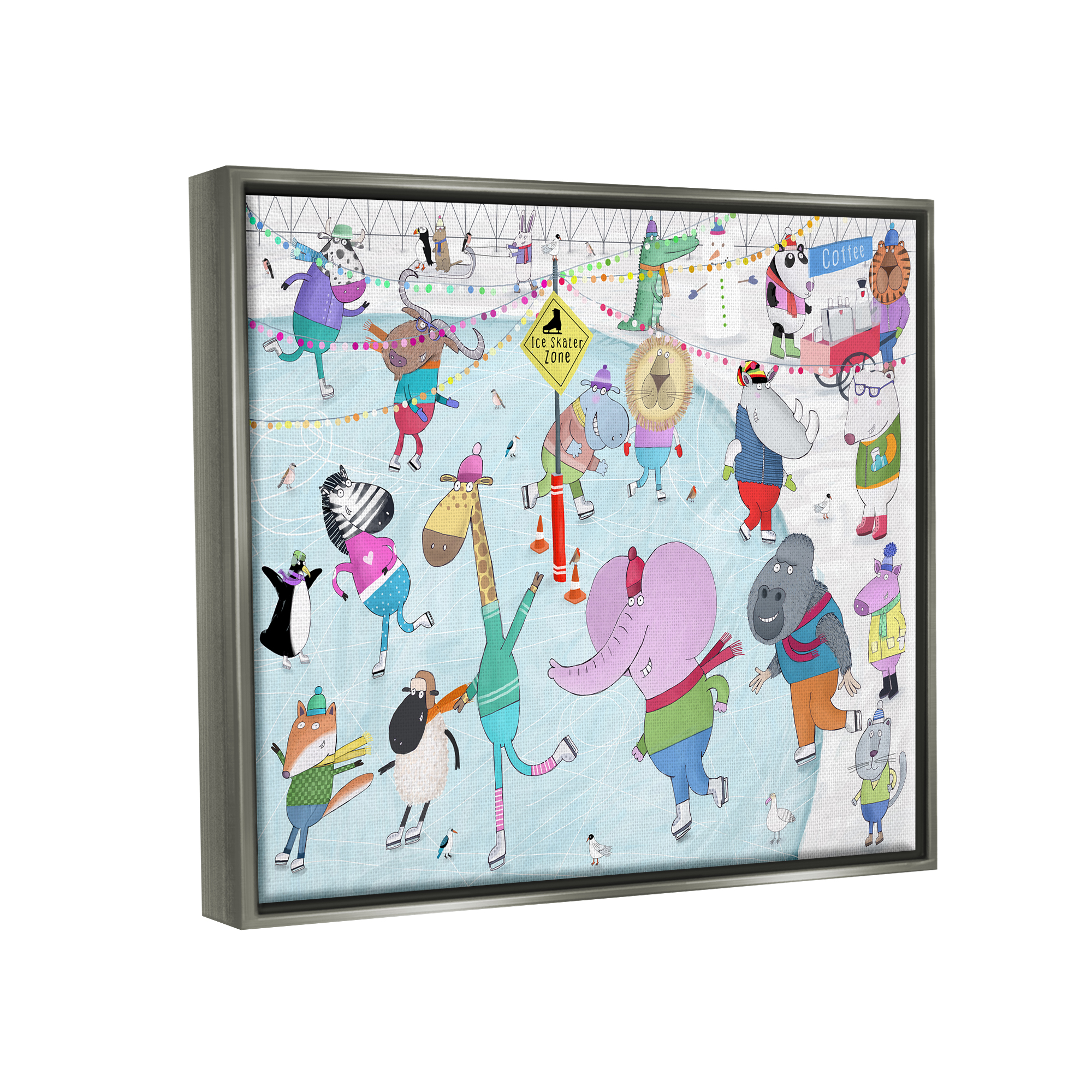 Stupell Industries Animals Ice Skating Scene Animals & Insects Painting Gray Floater Framed Art Print Wall Art, 31 x 25