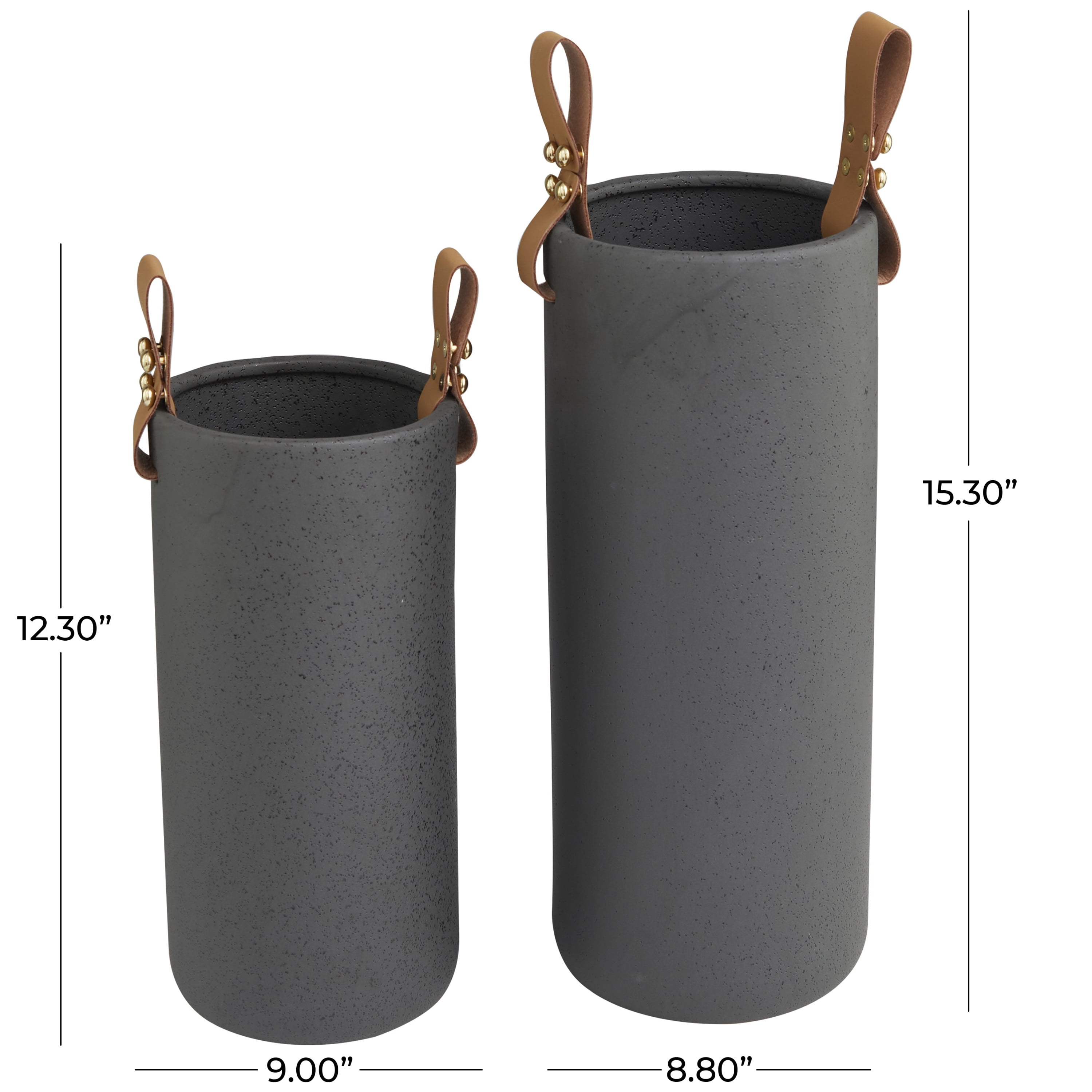 DecMode 15", 12"H Black Ceramic Vase with Leather Handles, Set of 2