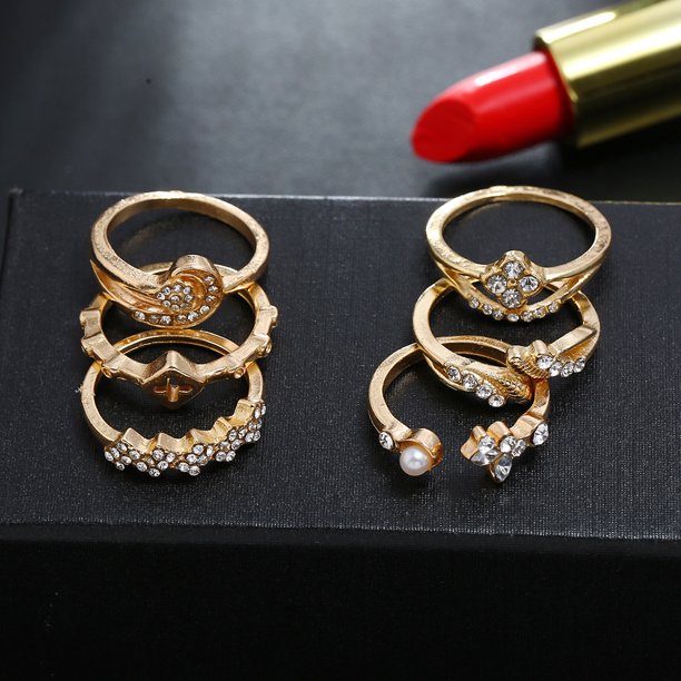 Juego de 6 piezas de anillo de diamante geométrico con flor de personalidad creativa a la moda