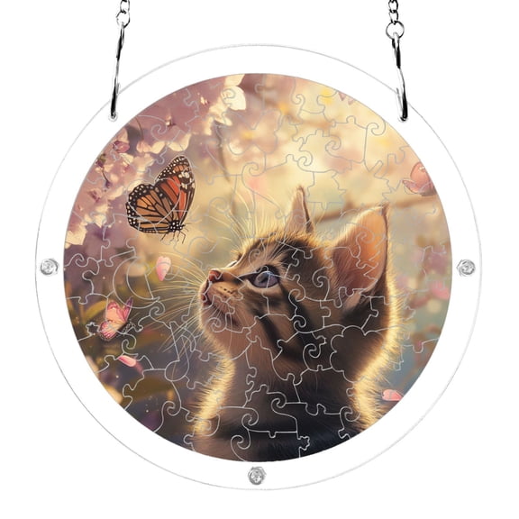 Cute Cat Looking at Butterflies Acrylic Jigsaw Puzzles 83 Pieces Suncatcher for Window Hanging 7.5 Inch Holiday Home Decor