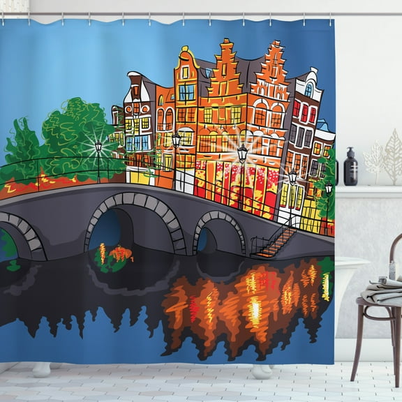 Amsterdam Shower Curtain, Cartoon Night City View of Canal Bridge and Houses in Holland Travel Landmark, Fabric Bathroom Set with Hooks, 69W X 75L Inches Long, Multicolor, by Ambesonne