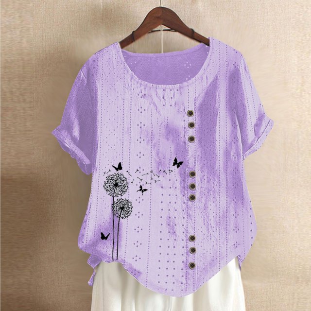 Blouses pour Femmes, Mode Féminine Imprimée Confortable Ample Manches Courtes Blouse Boutonnée Col Rond Décontracté