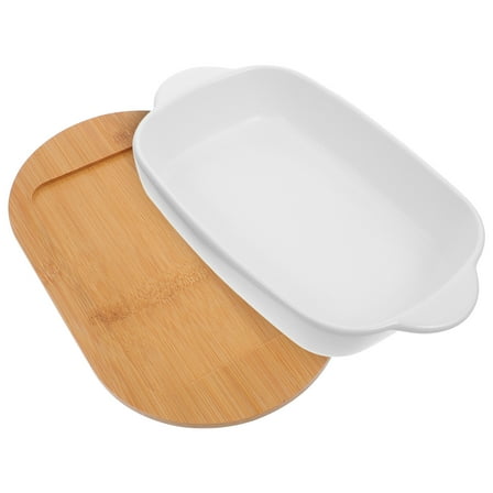 OULII Baking Tray Oven Rectangular Porcelain Baking Dish with Wooden Base 1 Set