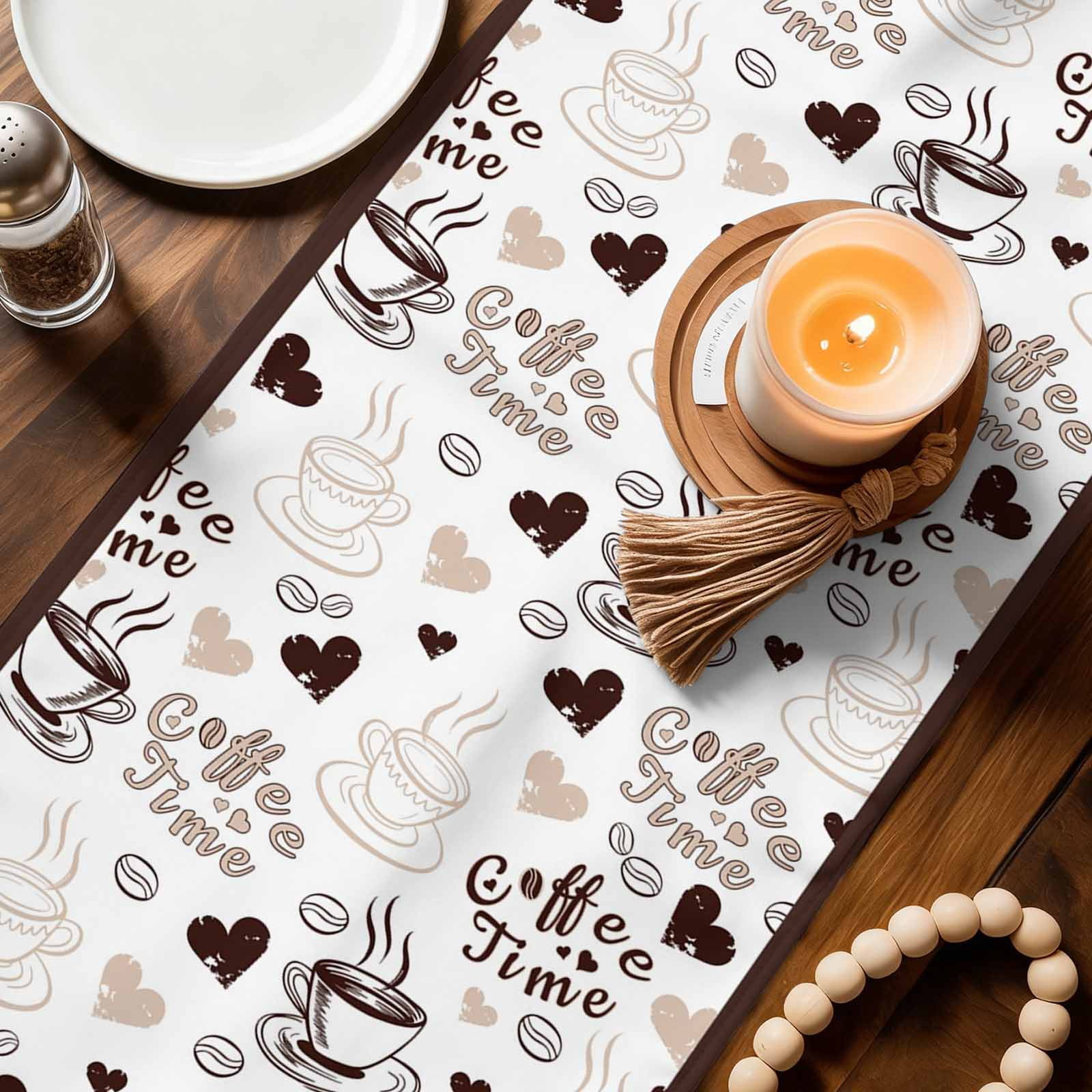 Farmhouse Coffee Cup Table Runner Linen Burlap Table Runner 120 Inches Long Vintage Coffee Beans Love Heart Dresser Scarves for Kitchen Island Coffee Dining Party Wedding Holiday Decor 13"x120"
