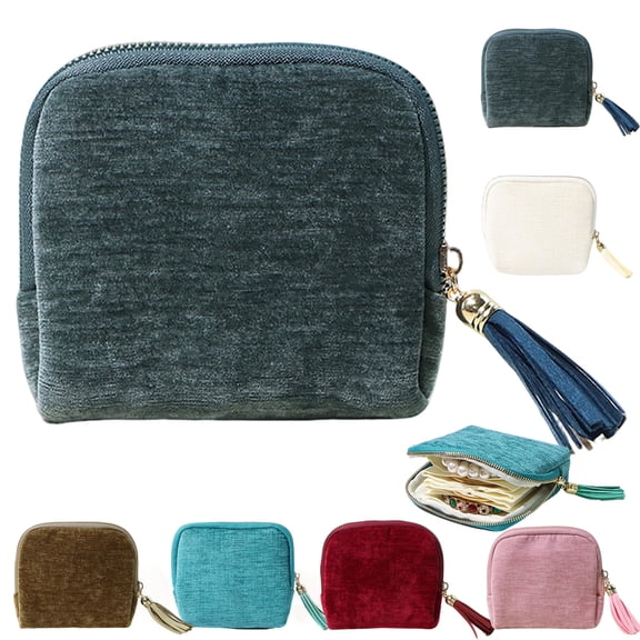 Chenille Jewelry Travel Case, Soft Lightweight Zippered Pouch with Anti-Scratch Lining, for Necklaces, Rings & Earrings