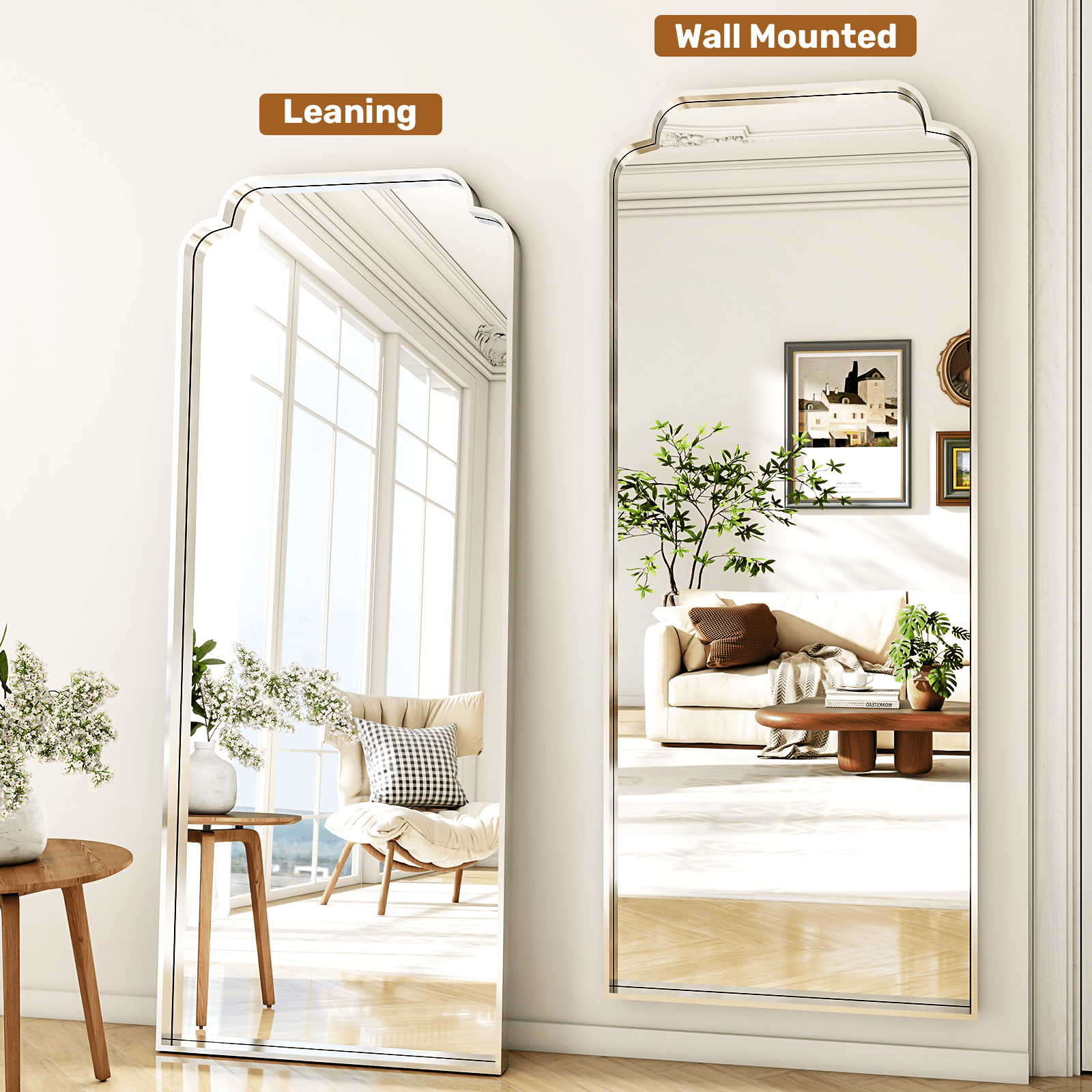 GRAHMCY 64"x21" Arched Full Length Foor Mirror Wall-Mounted Mirror with Deep Frame,, Silver