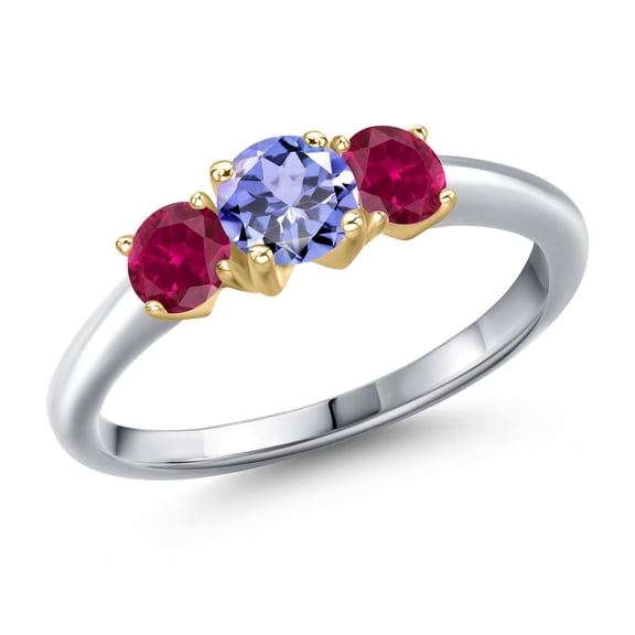 Gem Stone King 925 Silver and 10K Yellow Gold Blue Tanzanite and Red Created Ruby Engagement Ring for Women | 0.96 Cttw | Round 5MM | Gemstone December Birthstone | Size 6