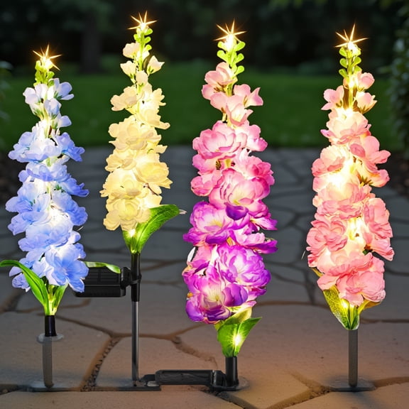 4 Pack Delphinium Flower Lights Outdoor, 36 LED Garden Stake Lights Waterproof, Pink White Purple