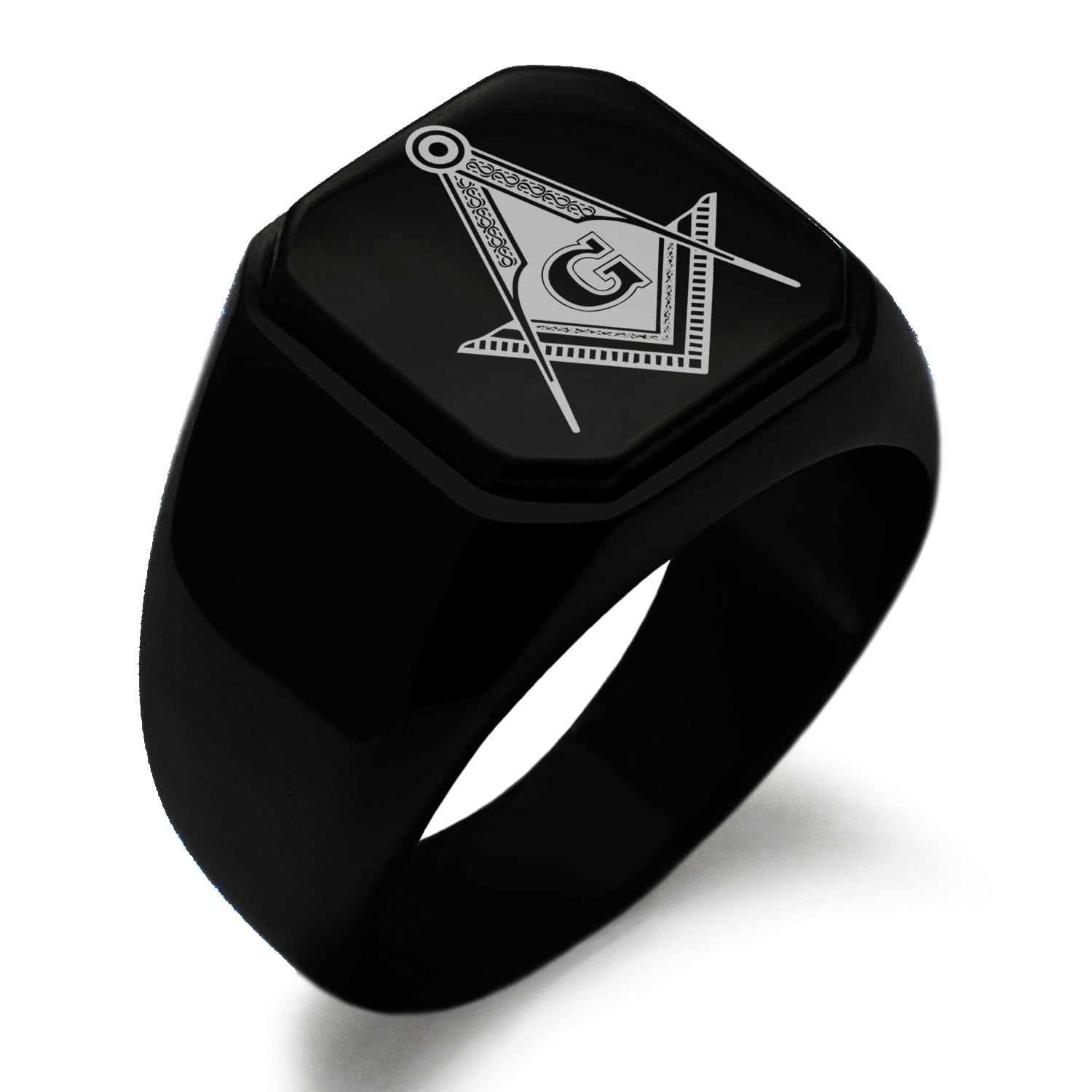 Stainless Steel Freemasons Masonic Compass Hexagon Crest Flat Top Biker Style Polished Ring