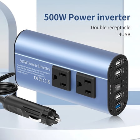 Car Power Inverter Converter - 500W Peak, DC 12V to AC 110V, LCD Display, Dual AC Outlets, 4 USB Car Chargers, Suitable for Cars, Homes, Laptops, Trucks, US Plug Car