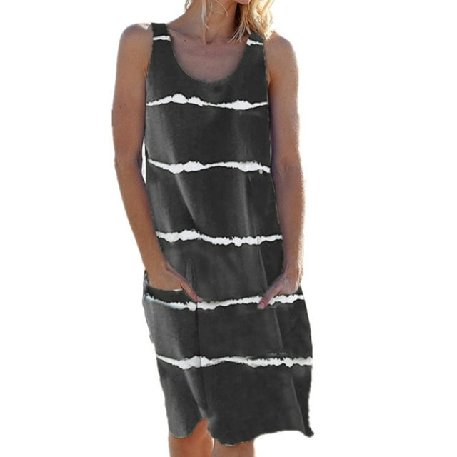 Innerwin Tunique Robe Midi Rayée Imprimée Robes Débardeurs pour Femmes Col Rond Ample Robe d'Été Gris Foncé TG