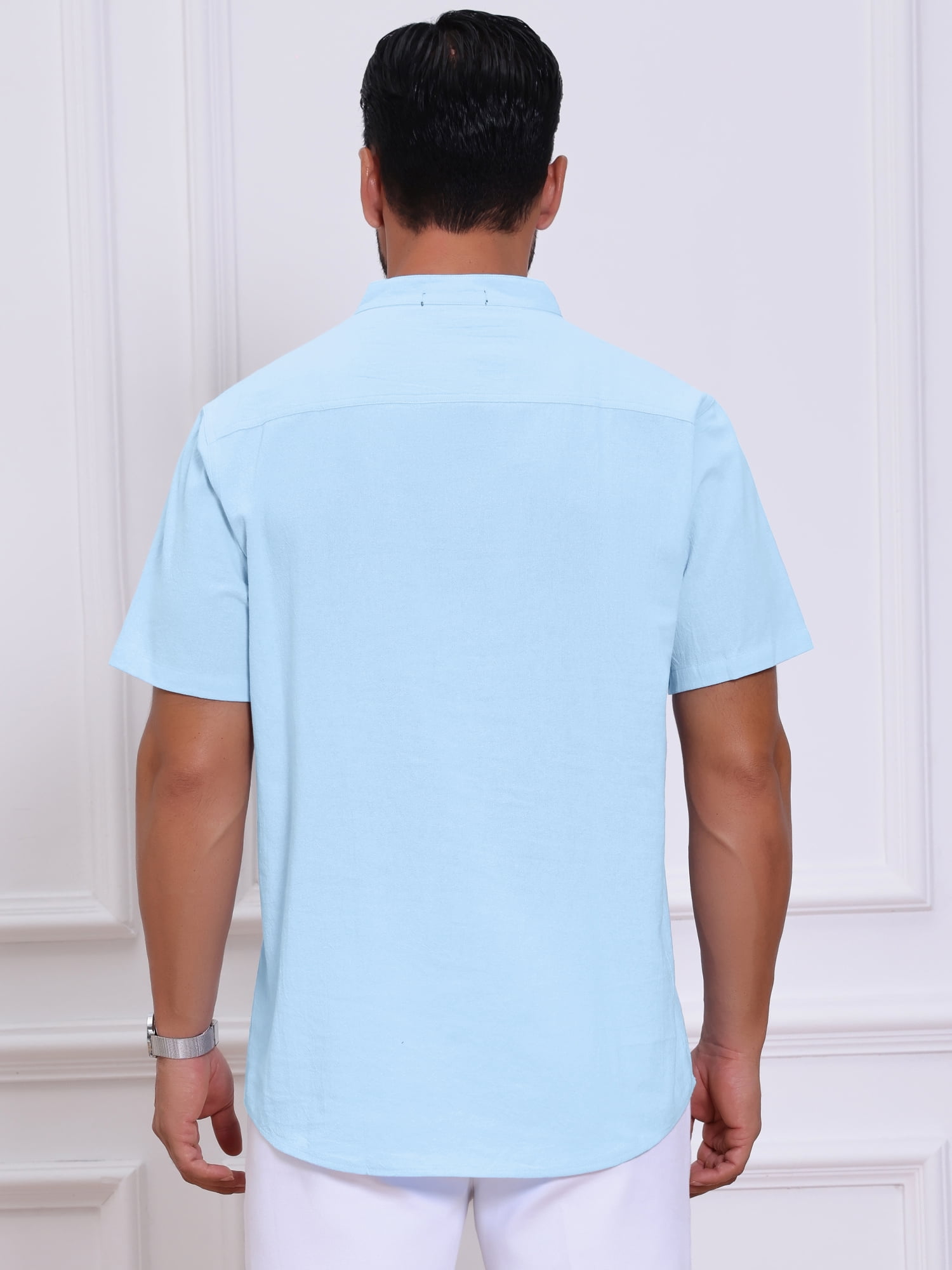 DARING DIVA Men's Casual Henley Band Collar Short Sleeve Summer Linen Shirts XL Light Blue