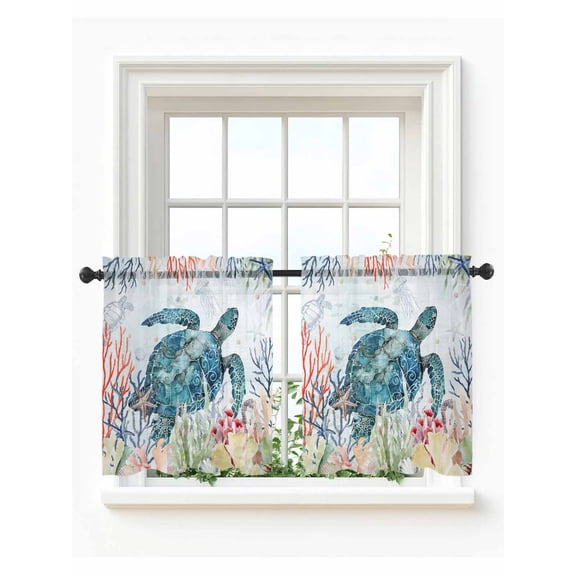 Coastal Turtle Tier Curtains 36 Inch Length,Sheer Curtains for Bedroom Living Room Window Nautical Ocean Coral Jellyfish Seashells Small Half Window Kitchen Curtains & Drapes 27.5"x36" 2 Panels