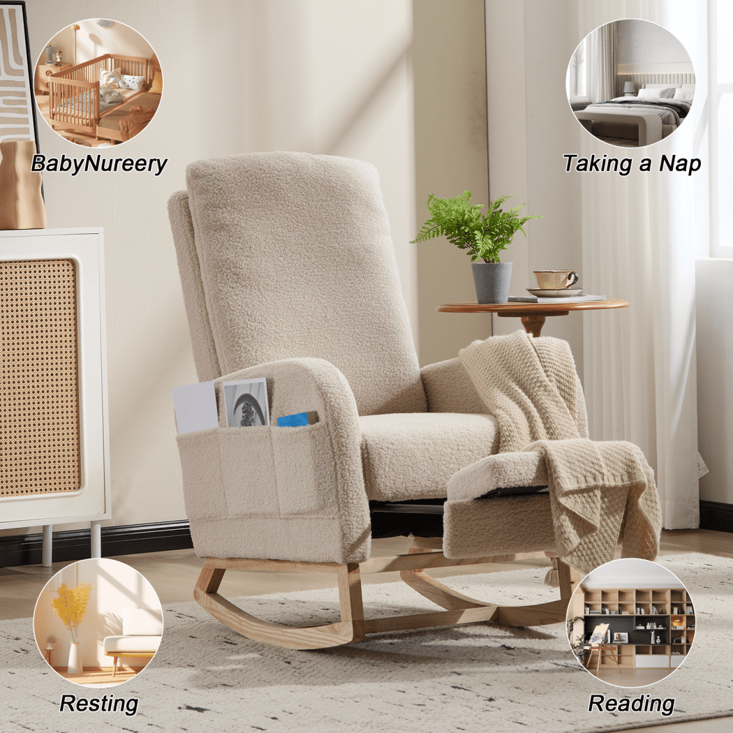 Rocking Chair Nursery with Foot Rest, Upholstered Teddy Rocker Chair with Side Pocket, Accent Nursing Glider Arm Chair with Wood Legs, Beige