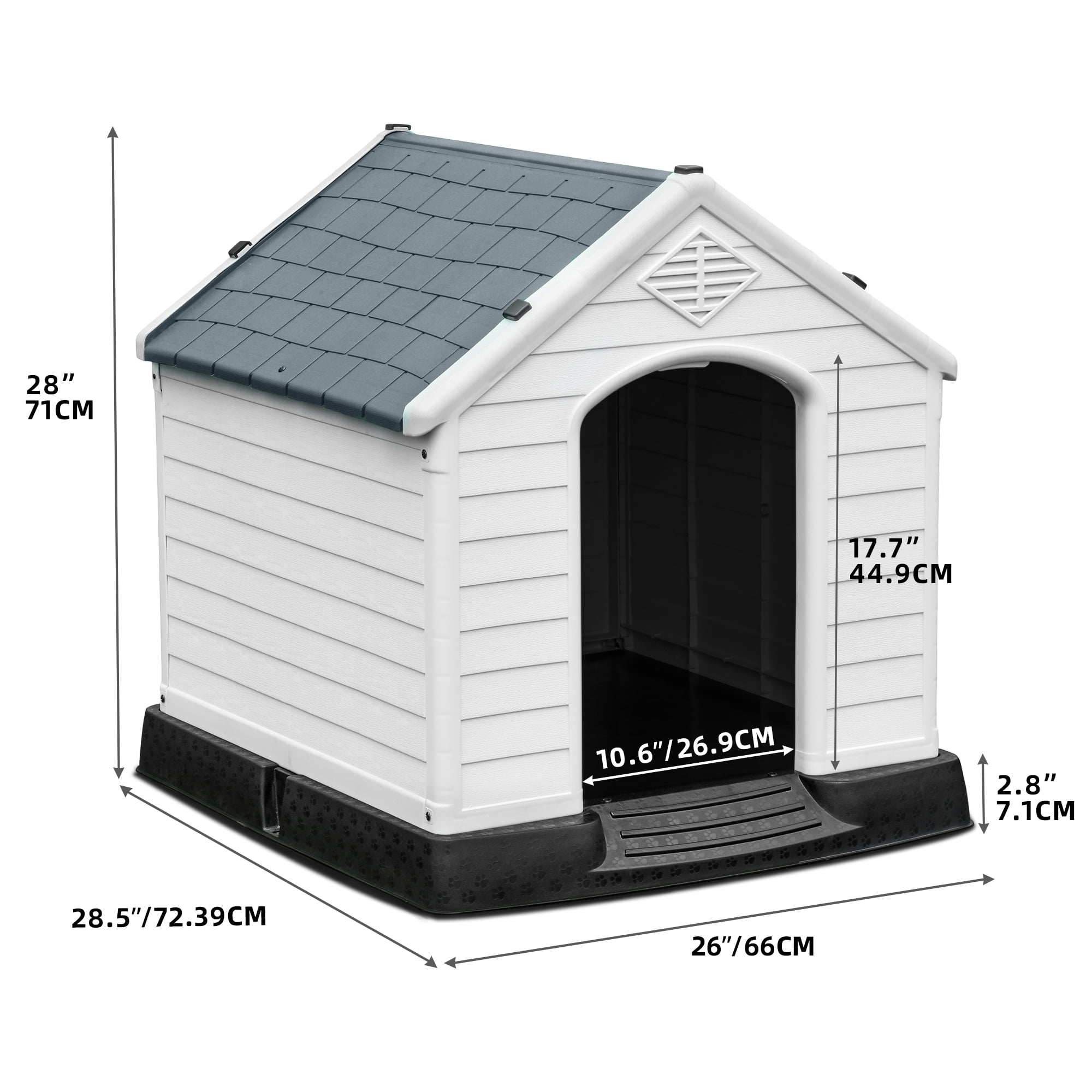 Dextrus Large Plastic Dog House Outdoor Indoor Dog Puppy Shelter Water Resistant with Air Vents and Elevated Floor(28.5'L*26''W*28''H, Gray)