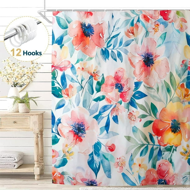 Dznils Cortina Shower de Tela Floral Boho, Cortina de Baño Moderna con 12 Ganchos, 72 x 72, Rosa