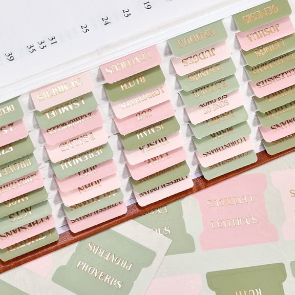 Bible Tabs, 66 Gold Foil Pre-Printed Chapter Labels   39 Blank Water Lilies Theme Laminated Index Tabs with Alignment Ruler, Bible Journaling Study Supplies for Women & Men, Bible Sticker Accessories