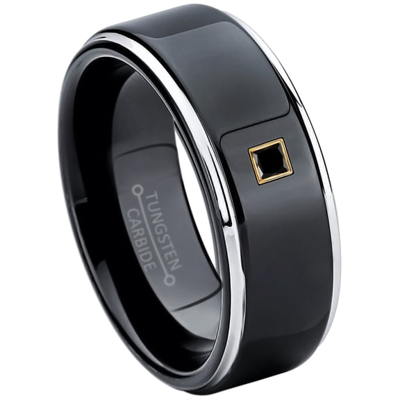 0.05ctw Princess Cut Black Diamond Tungsten Ring - 8MM Polished Black IP Stepped Edge Tungsten Carbide Wedding Band - April Birthstone Ring - 14kt Yellow Gold Bezel - TN118PSG-1BDs11