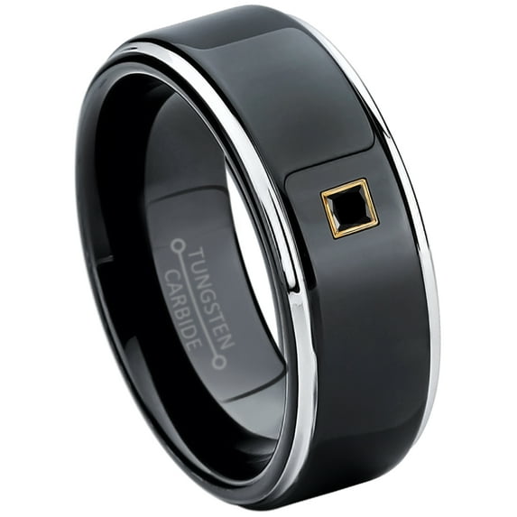 0.05ctw Princess Cut Black Diamond Tungsten Ring - 8MM Polished Black IP Stepped Edge Tungsten Carbide Wedding Band - April Birthstone Ring - 14kt Yellow Gold Bezel - TN118PSG-1BDs11.5