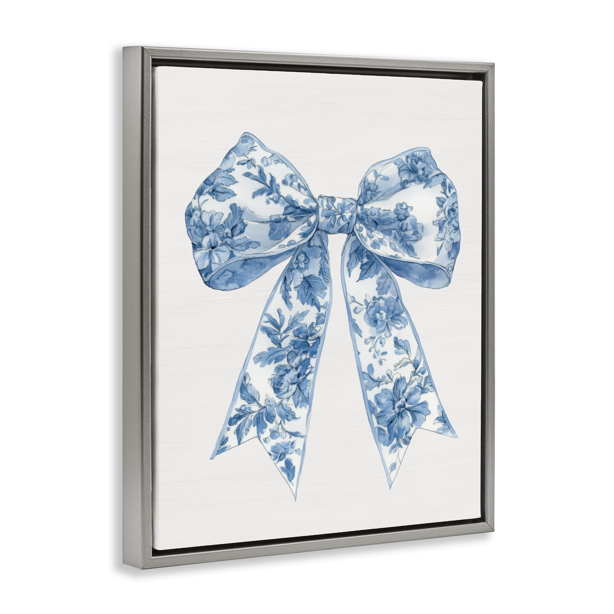 Soft Delicate Toile Bow Gray Framed Floater Canvas Wall Art, design by Lettered and Lined