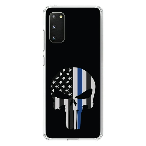 DistinctInk Clear Shockproof Hybrid Case for Galaxy S20 PLUS / 5G (6.7" Screen) - TPU Bumper, Acrylic Back, Tempered Glass Screen Protector - Thin Blue Line Skull - Support for First Responders