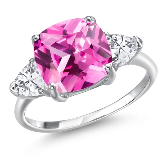 Gem Stone King 10K White Gold Pink Created Sapphire and White Zirconia Engagement Ring for Women | 6.34 Cttw | Cushion 10MM | Gemstone September Birthstone | Size 5