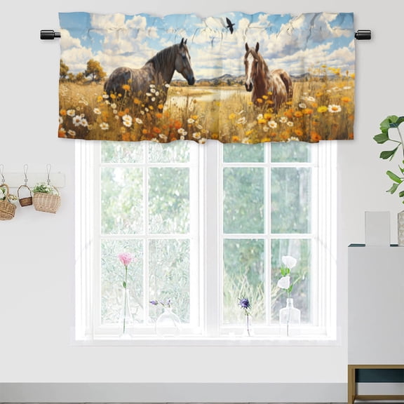 Horse Rod Pocket Thermal Insulated Curtain Valance Sunflower Yellow Floral Farm Animals Window Valance for Bedroom Bathroom Living Room Dining Room 54 by 18 in, 1 Panel