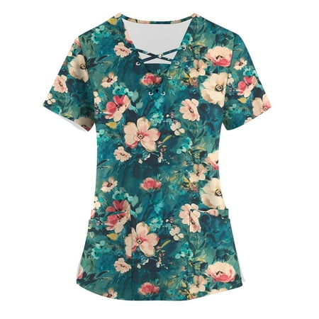 

BIZIZA Scrub Top Fashion 2023 Plus Size Cute Graphic Scrub tops Short Sleeve Criss Cross with Two Pocket V Neck Casual Womens Tops Dark Green 3XL