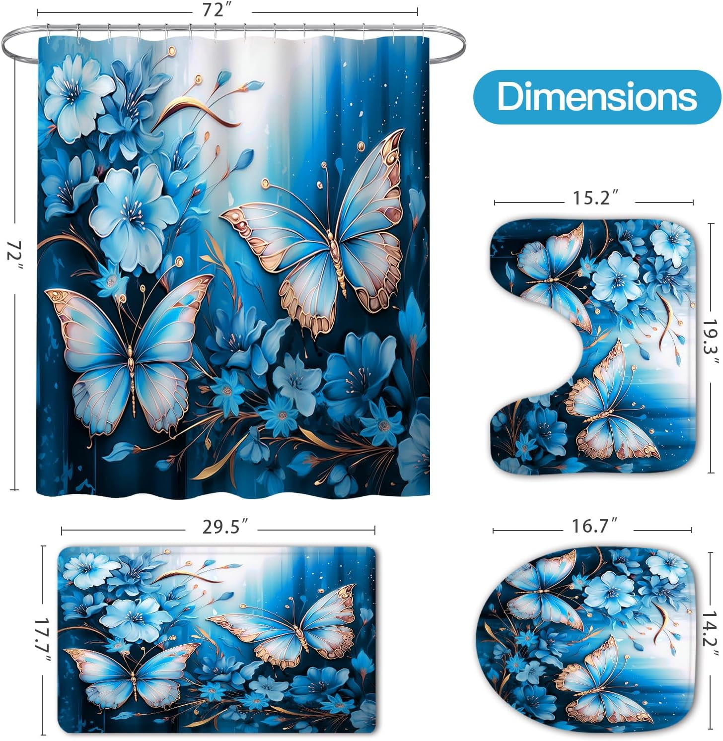 4 Pcs Navy Blue Floral Butterfly Shower Curtain Set with Non-Slip Rugs, Modern Toilet Lid Cover and Bath Mat, Elegant Bathroom Decor Set with Shower Curtain and Rugs(Hooks Not Included)