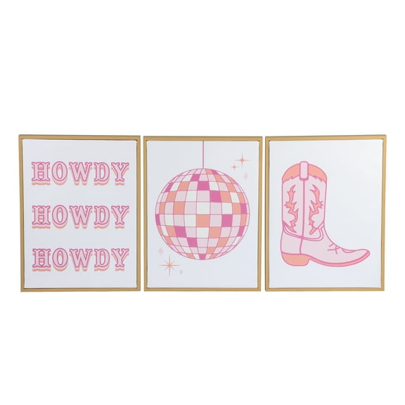 Mainstays 3 Pc Set Pink Western Theme Wall Art, Howdy, Boot, and Disco Globe