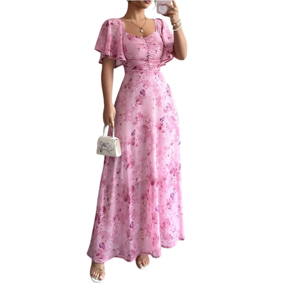 Womens Summer Dresses, Floral Chiffon Long Maxi Dress, Square Neck Puff Sleeve Ruched Waist Flowy Dress Pink L