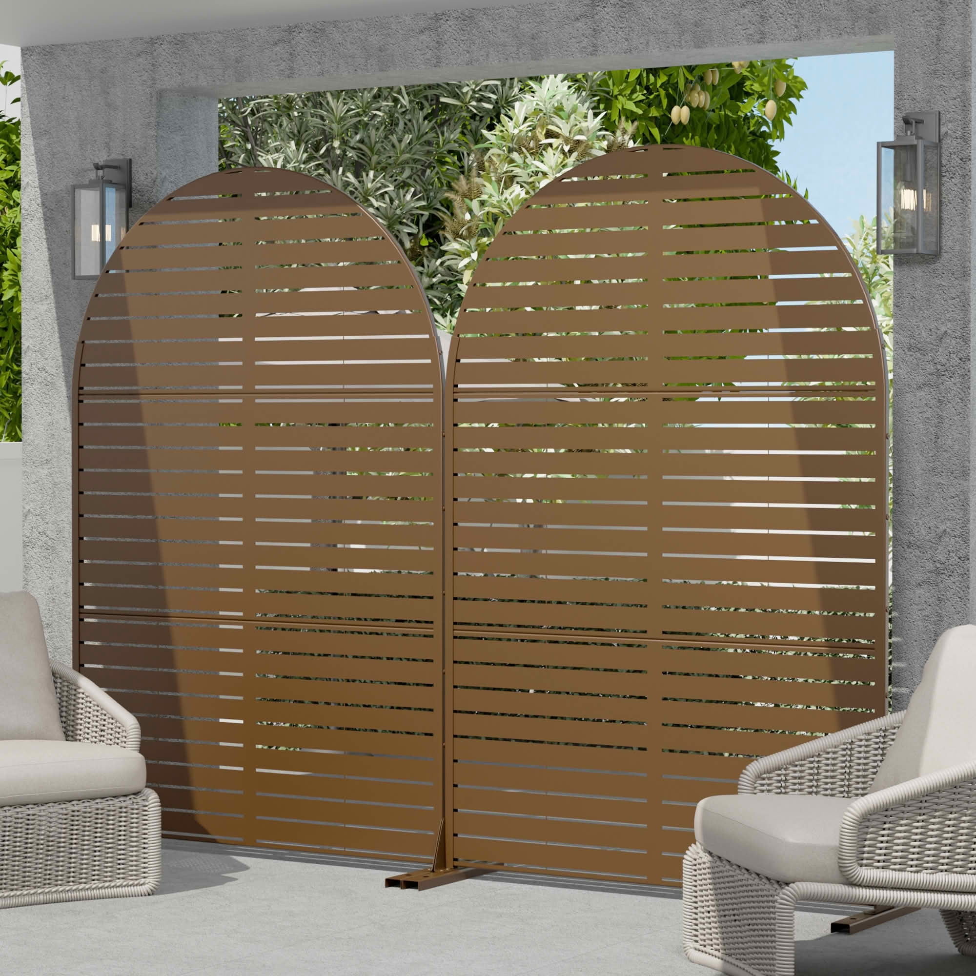 MAYEERTY 72x47x16 Inch Brown Louvered Arched Galvanized Steel Privacy Screen, 3 Piece Set for Outdoor Street