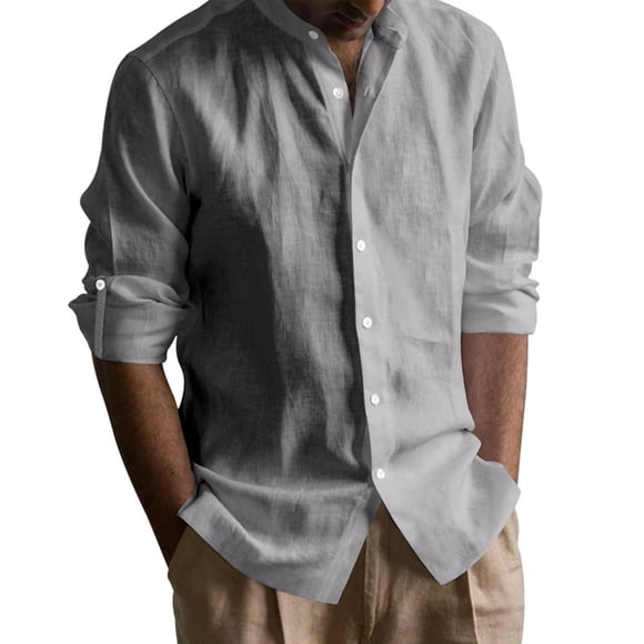 Blusa y camisa de manga larga con cuello alto para hombre, color liso y lino, camisa de manga larga con cuello alto y ventilación, blusa para hombre, blusa de algodón y lino