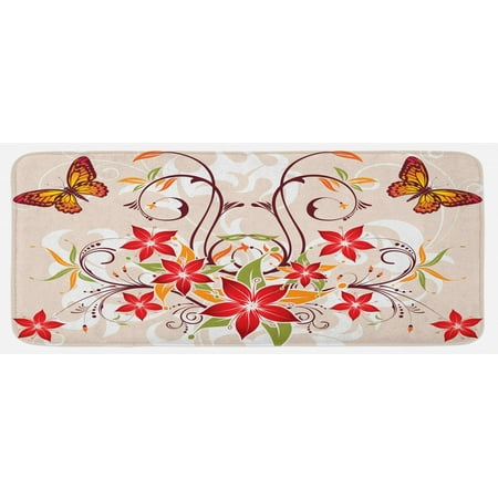 

Floral Kitchen Mat Butterflies and Flourishing Swirled Blossoms Bouquet Botany Image Plush Decorative Kitchen Mat with Non Slip Backing 47 X 19 Beige Green Red by Ambesonne